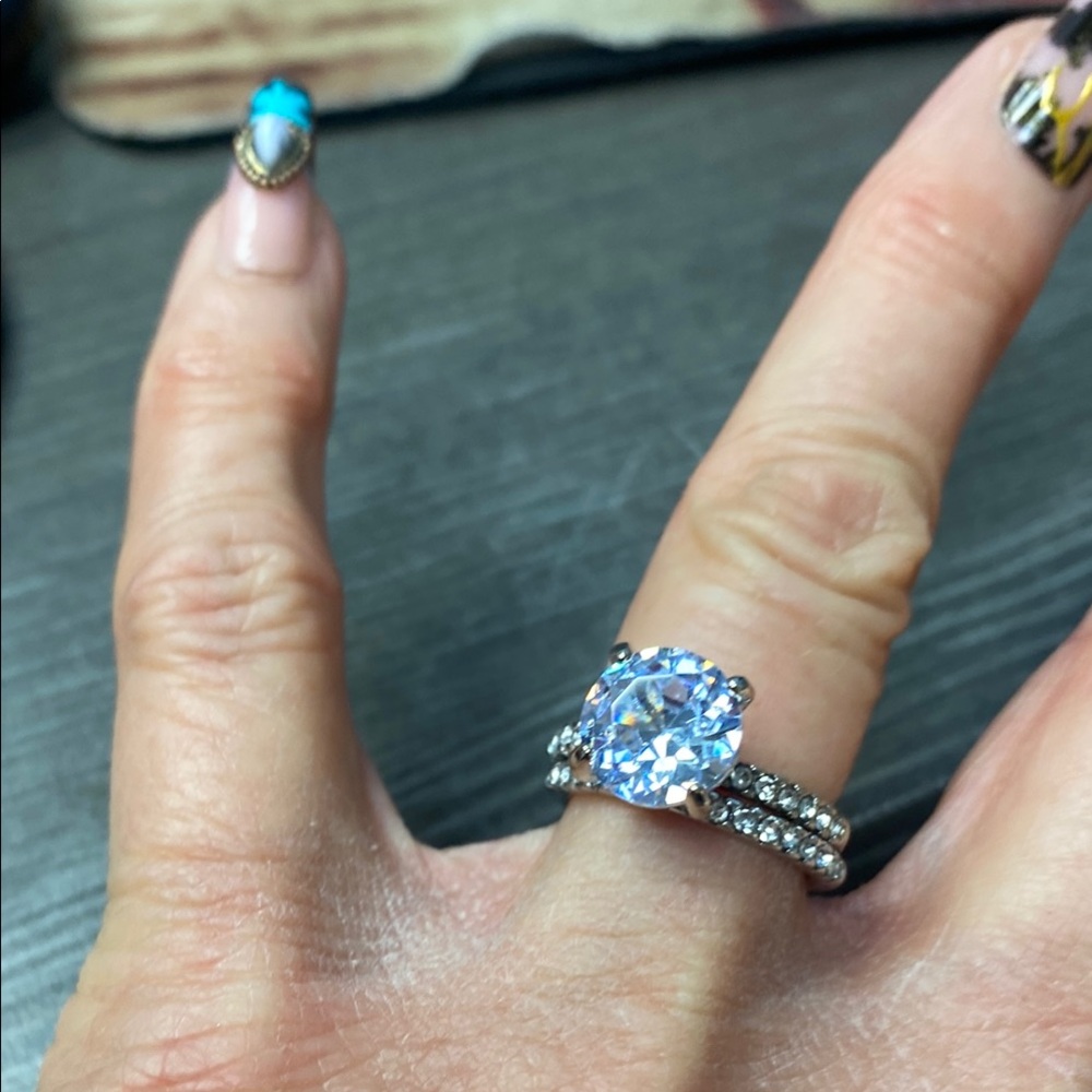 Silver-Tone Blue CZ Solitaire Engagement Ring with Matching Band. Looks Real!